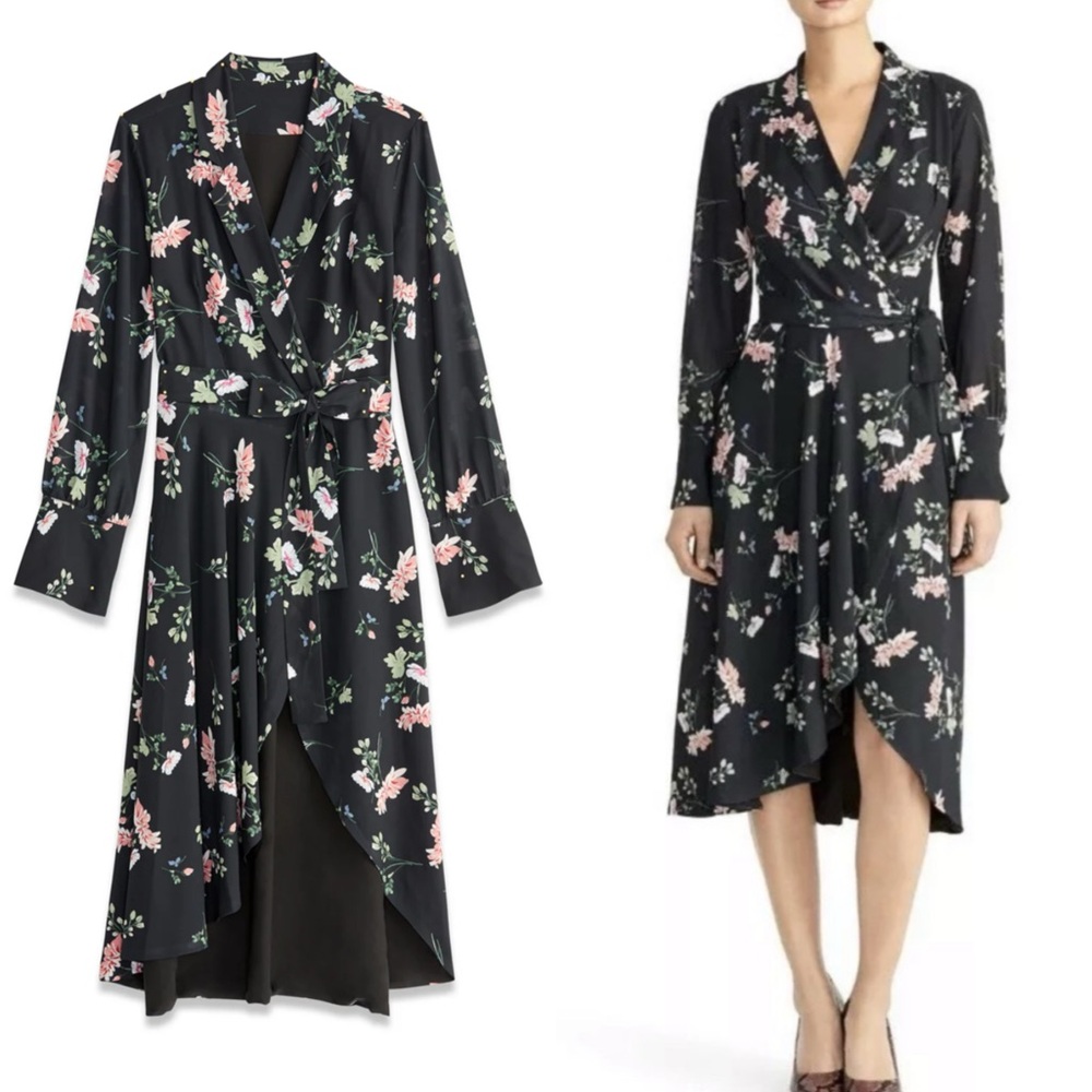 Rachel Roy Dark Floral Chiffon Cascade Ruffle Wrap Dress 8